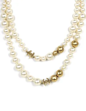 Chanel '07 Ivory/Gold Faux Pearl and Gold Bead CC 36.5" Necklace