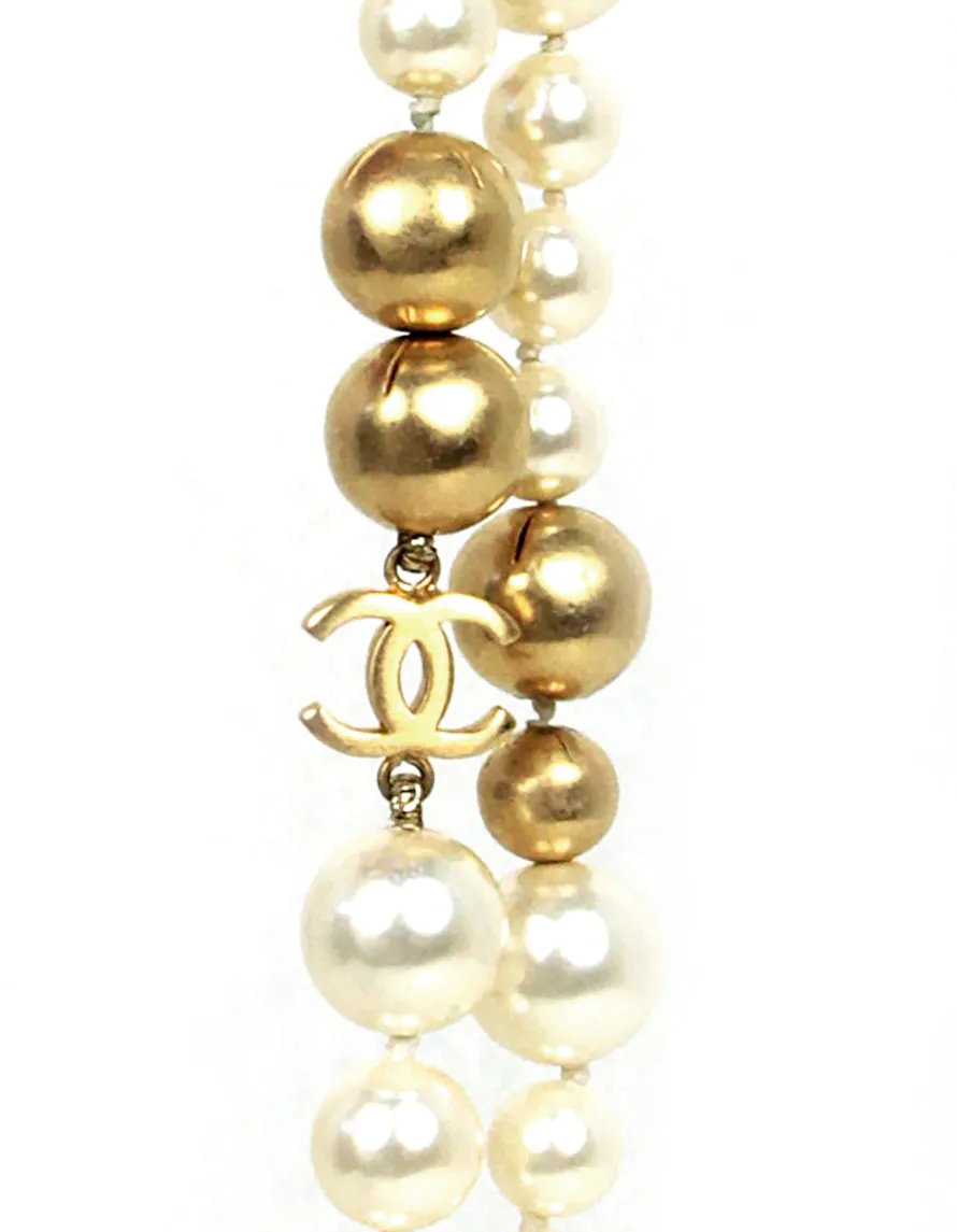 Chanel '07 Ivory/Gold Faux Pearl and Gold Bead CC 36.5" Necklace
