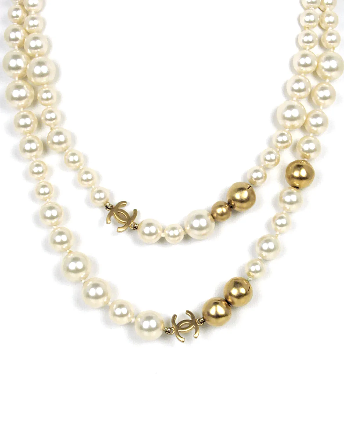 Chanel '07 Ivory/Gold Faux Pearl and Gold Bead CC 36.5" Necklace