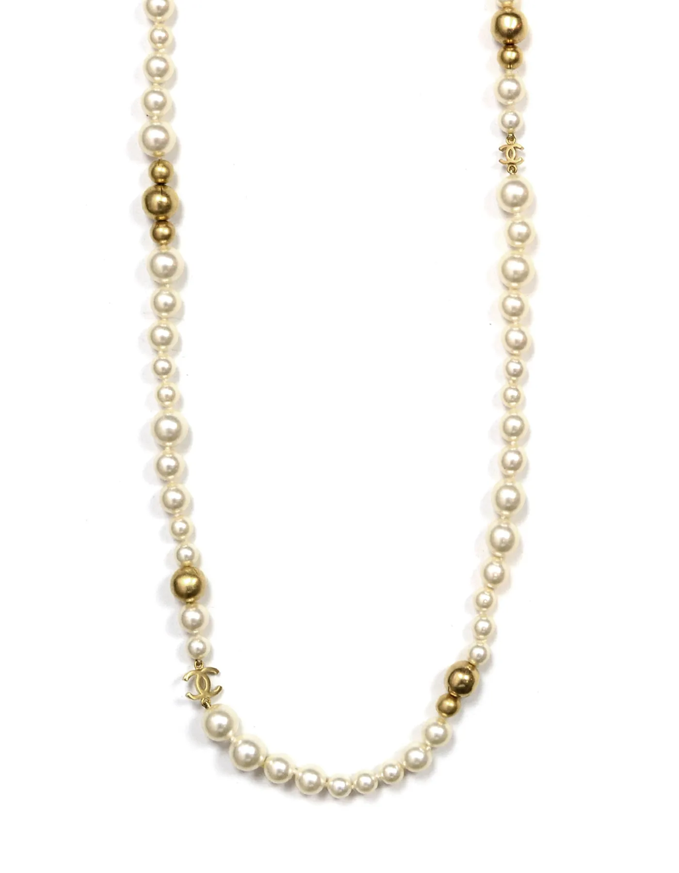 Chanel '07 Ivory/Gold Faux Pearl and Gold Bead CC 36.5" Necklace