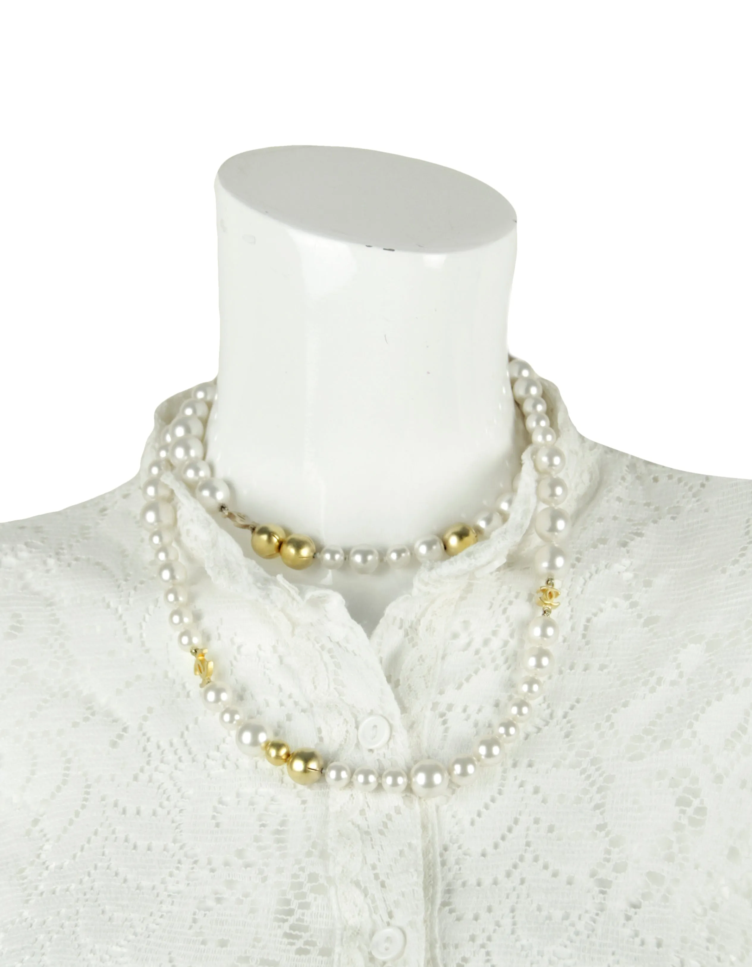 Chanel '07 Ivory/Gold Faux Pearl and Gold Bead CC 36.5" Necklace