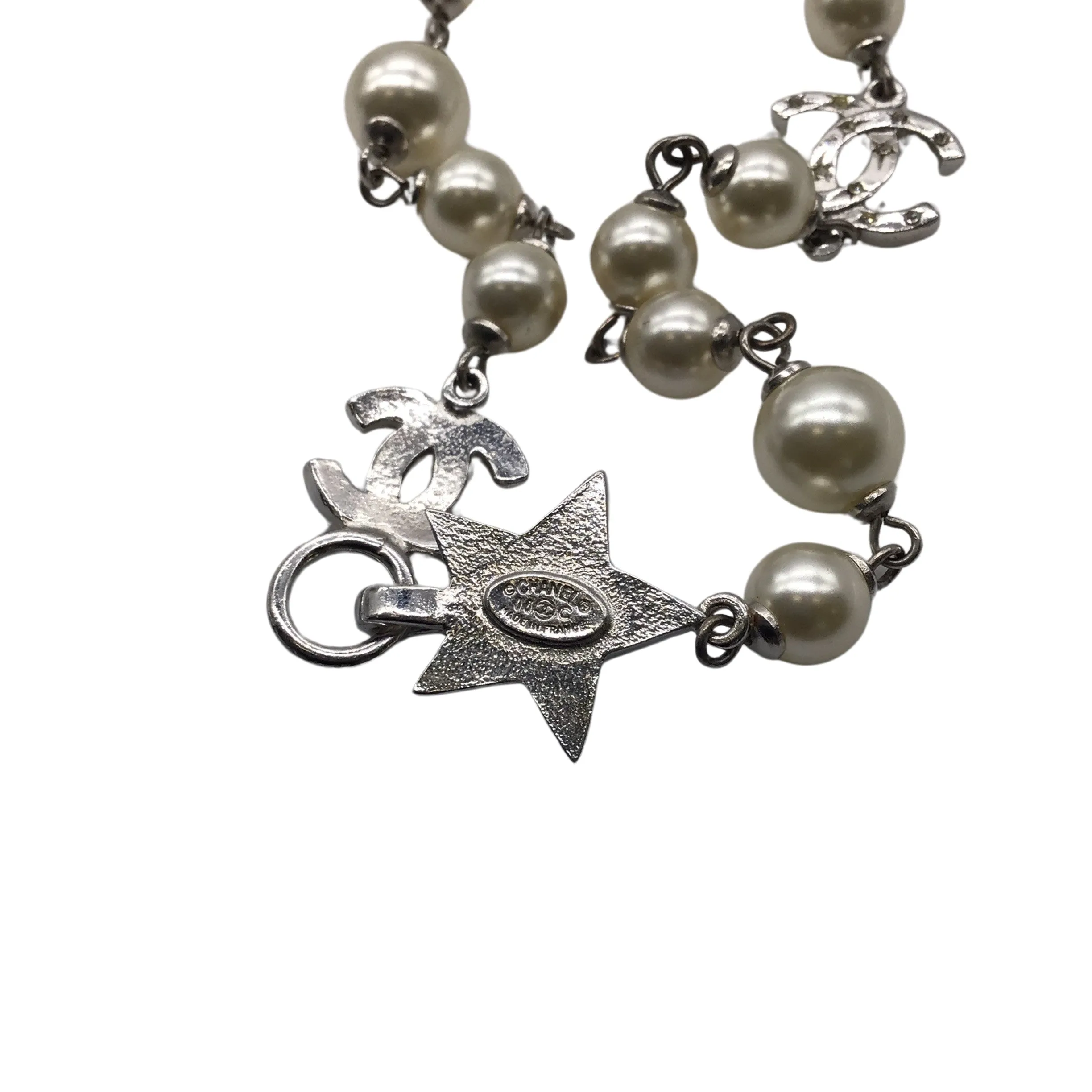 Chanel Cream / Silver 2006 CC Logo Faux Pearl and Strass Star Pendant Necklace