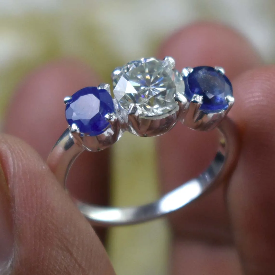 Charming 1.80 Ct Off White Diamond Ring with Sapphire Gemstone Accents, Elegant Look & Great Sparkle ! Ideal For Birthday Gift