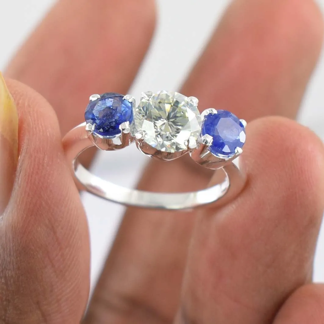 Charming 1.80 Ct Off White Diamond Ring with Sapphire Gemstone Accents, Elegant Look & Great Sparkle ! Ideal For Birthday Gift