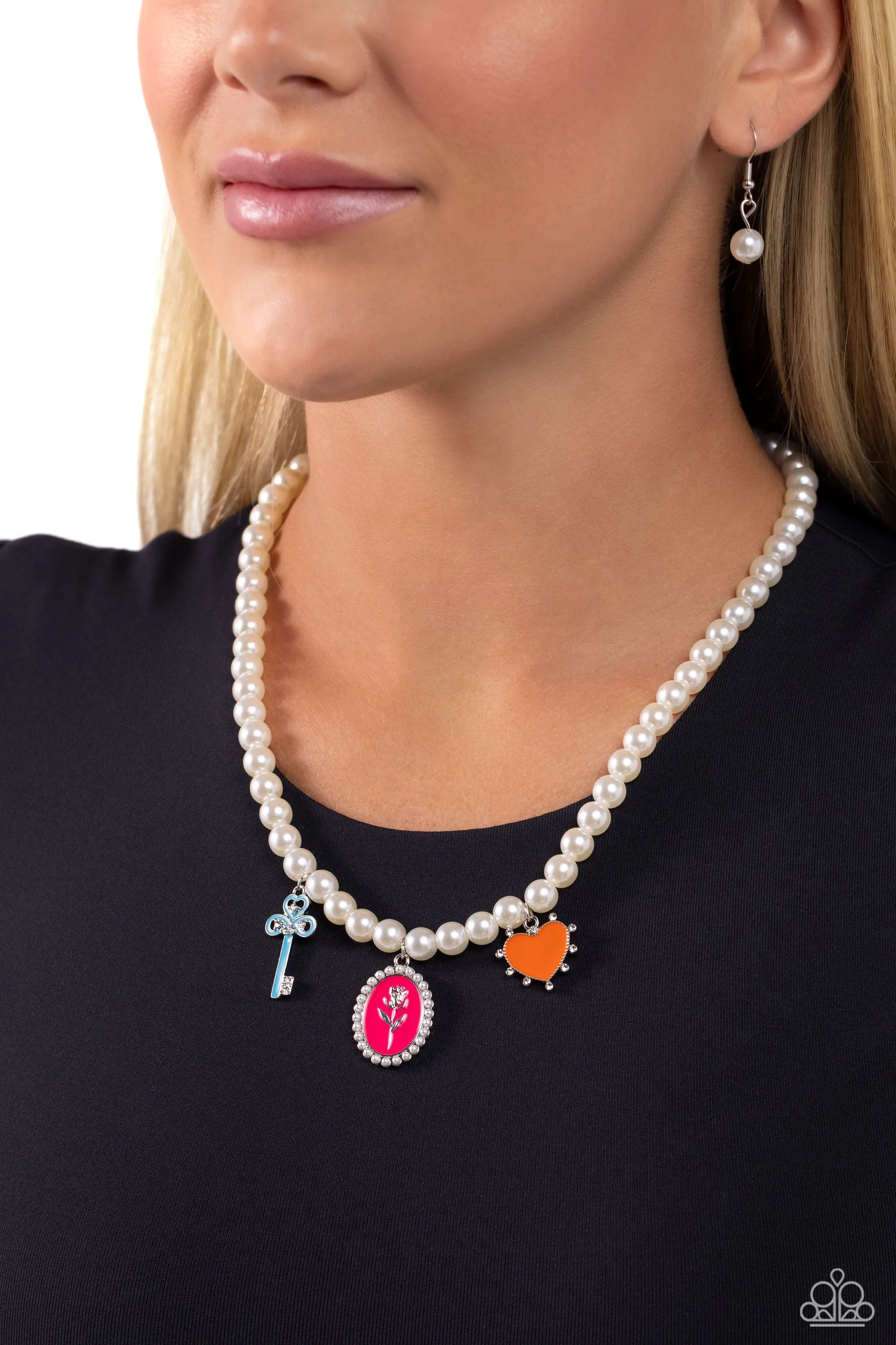 Charming Collision - Multi - Painted Key, Rose, and Heart Pendant White Pearl Paparazzi Short Necklace