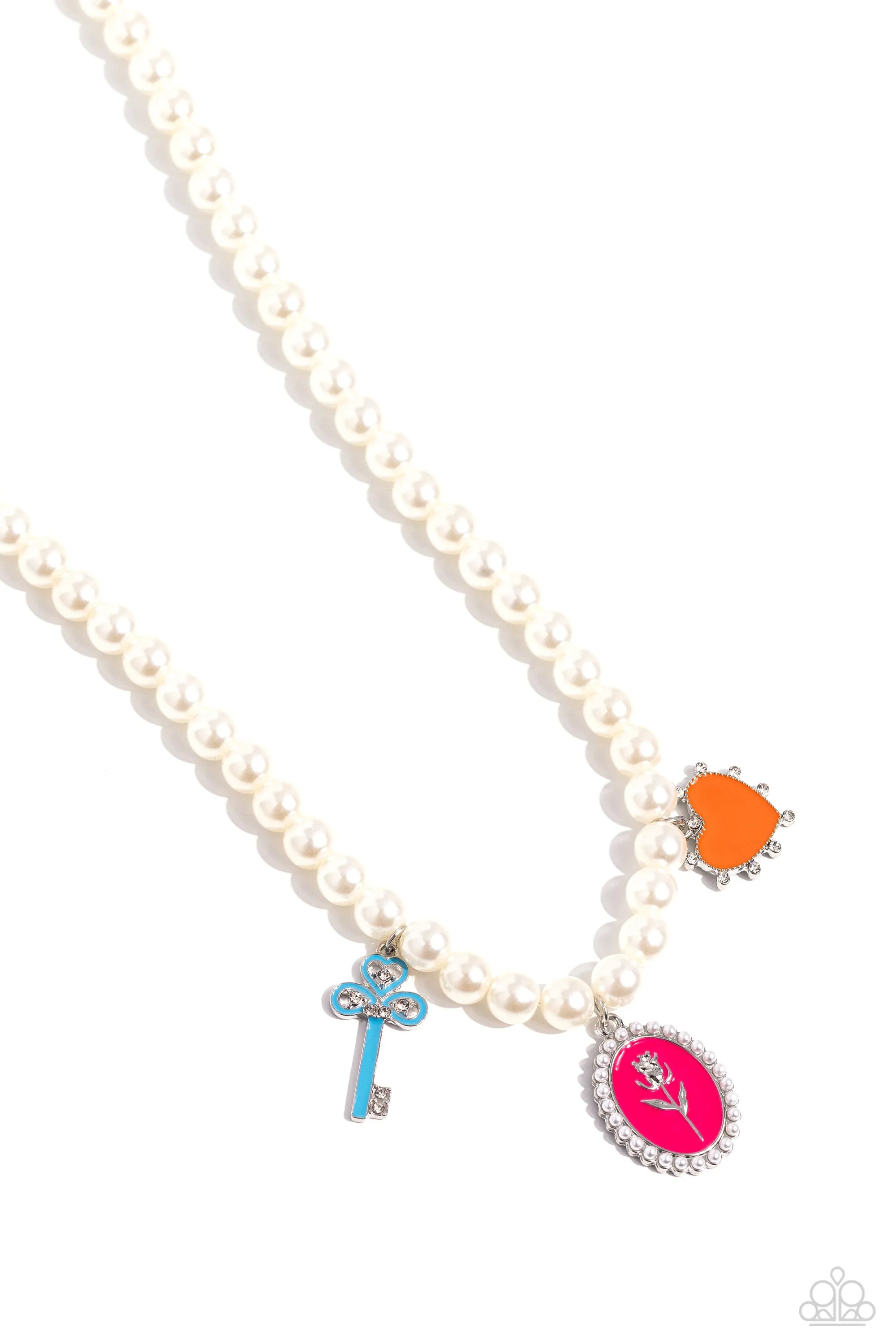 Charming Collision - Multi - Painted Key, Rose, and Heart Pendant White Pearl Paparazzi Short Necklace