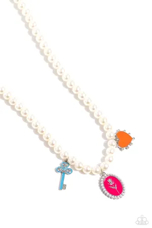 Charming Collision - Multi - Painted Key, Rose, and Heart Pendant White Pearl Paparazzi Short Necklace