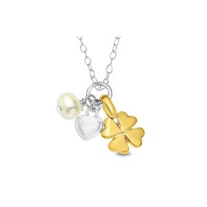 Children's Necklaces:  Sterling Silver Cluster Necklace with Lucky Clover, Pearl and Heart