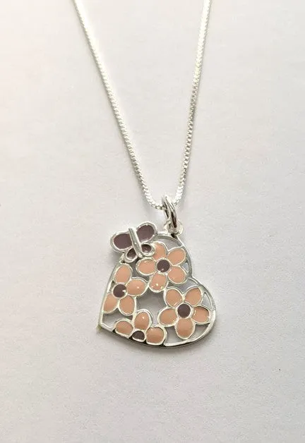 Children's Necklaces:  Sterling Silver Flowery Heart with Butterfly Necklace