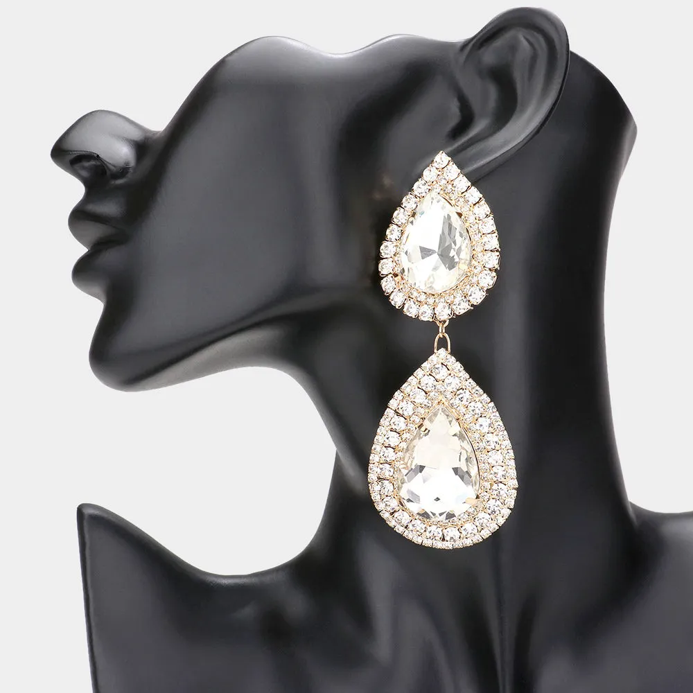 Clear Crystal Double Teardrop Link Pageant Earrings on Gold | Prom Earrings | 589212