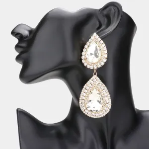 Clear Crystal Double Teardrop Link Pageant Earrings on Gold | Prom Earrings | 589212