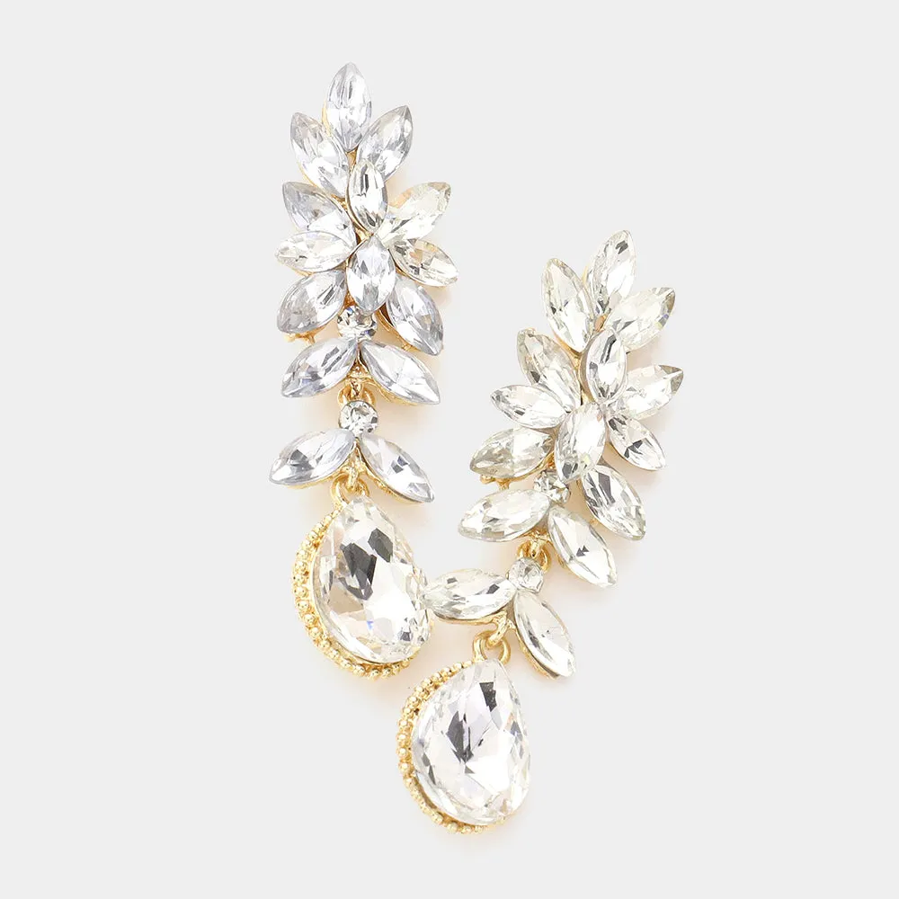 Clear Crystal Marquise Dangle Pageant Earrings on Gold | Prom Earrings | 590436