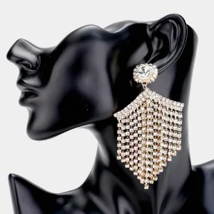 Clear Wide Crystal Rhinestone Fringe Pageant Earrings on Gold | Prom Earrings | 478092