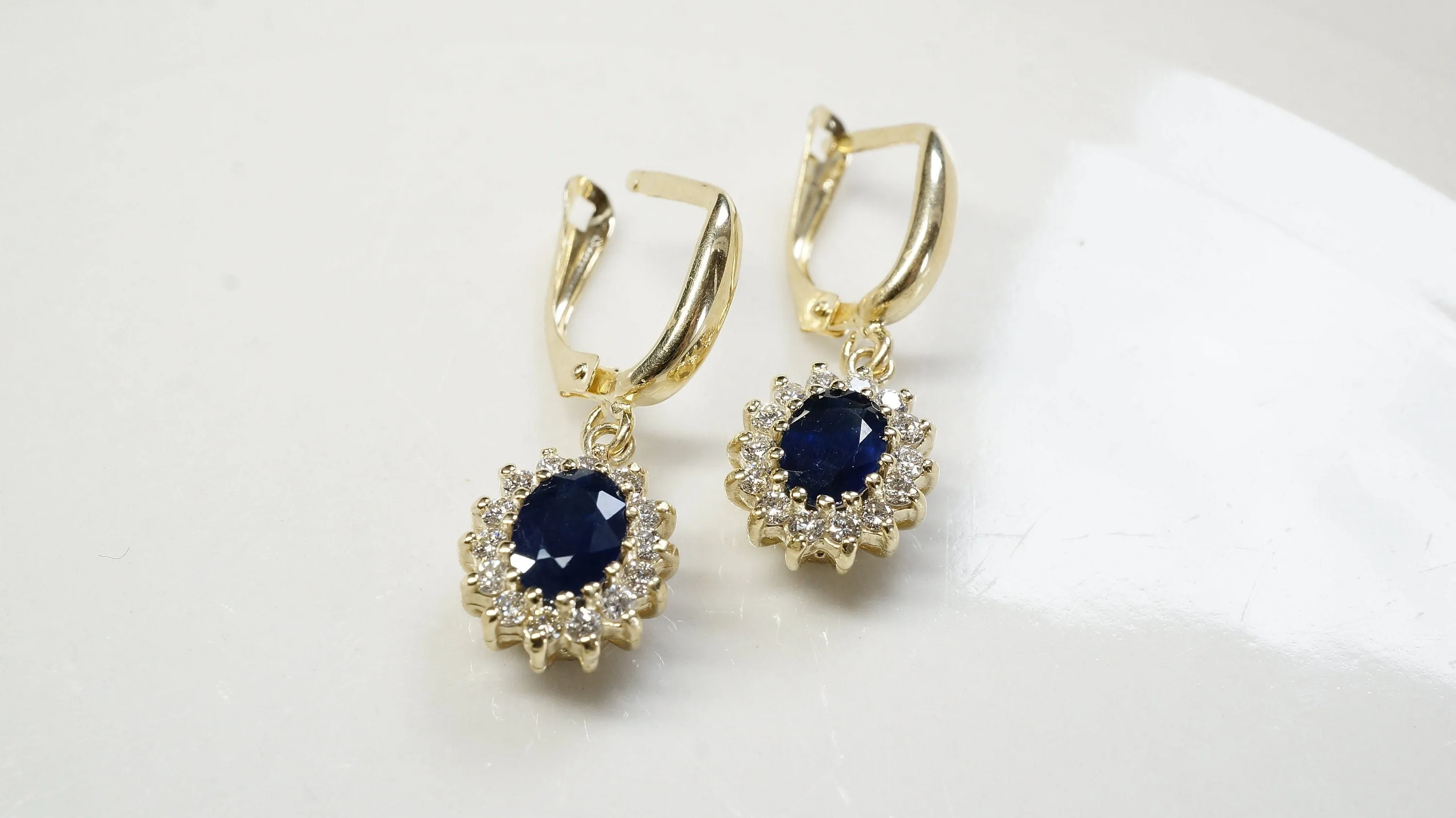 Cluster earrings-Blue Sapphire Earrings-Diamond Earrings with Sapphire-Sapphire Drop Earrings-Women's Jewelry-Vintage earrings-Gift for her