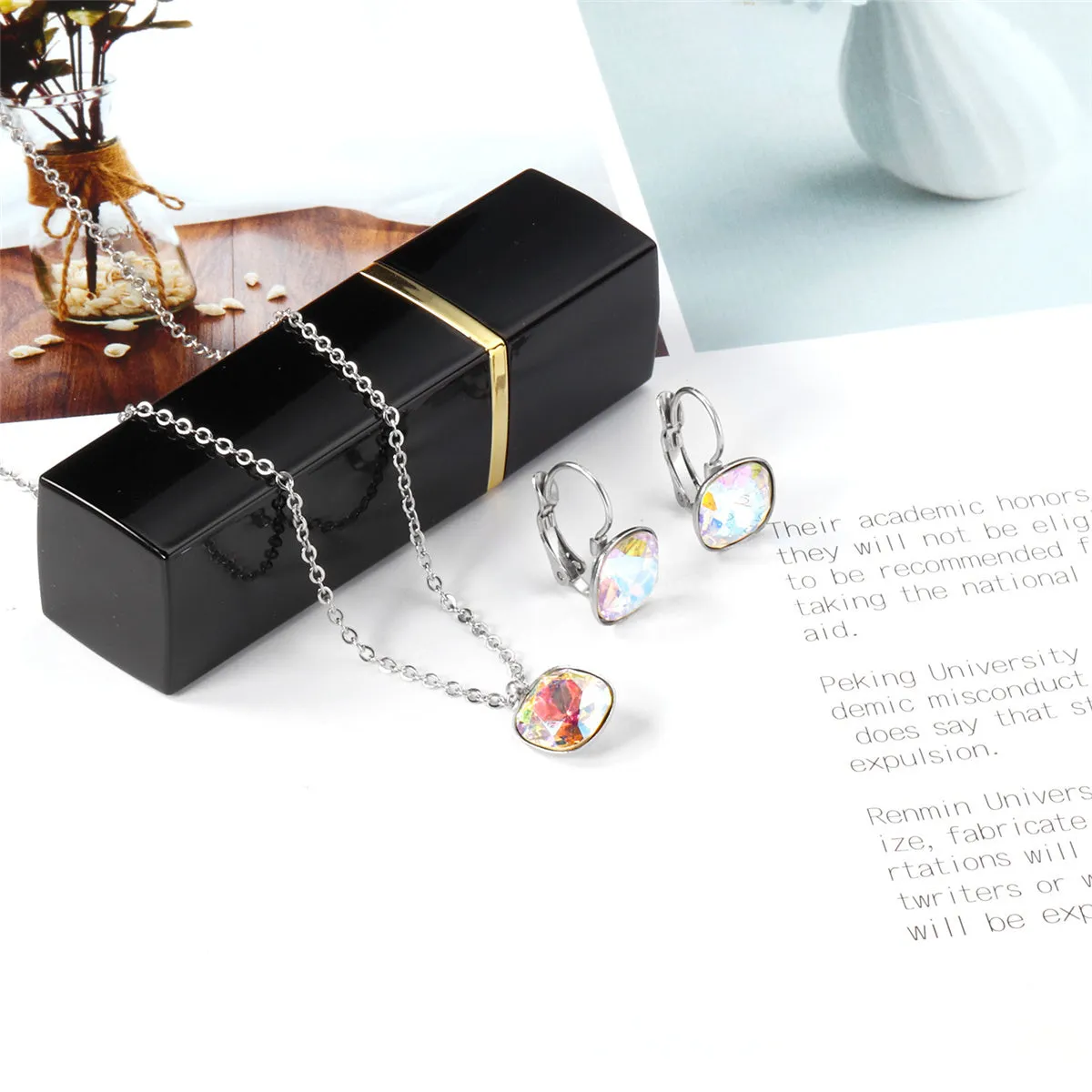 Colored Crystal & Silver-Plated Square Huggie Earring Set