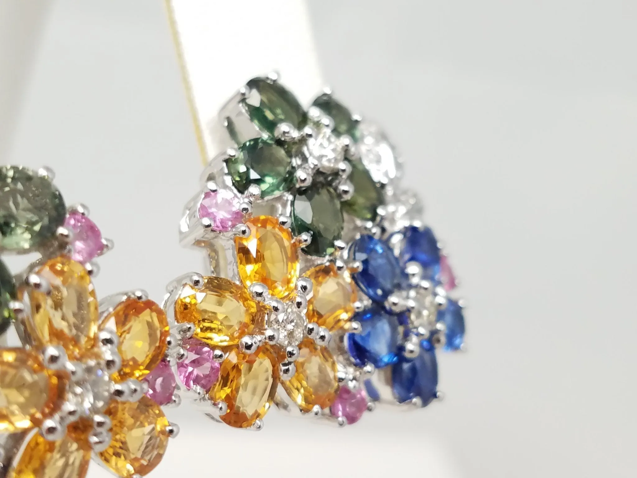 Colorful Natural Sapphire   Diamond 18k White Gold Flower Earrings