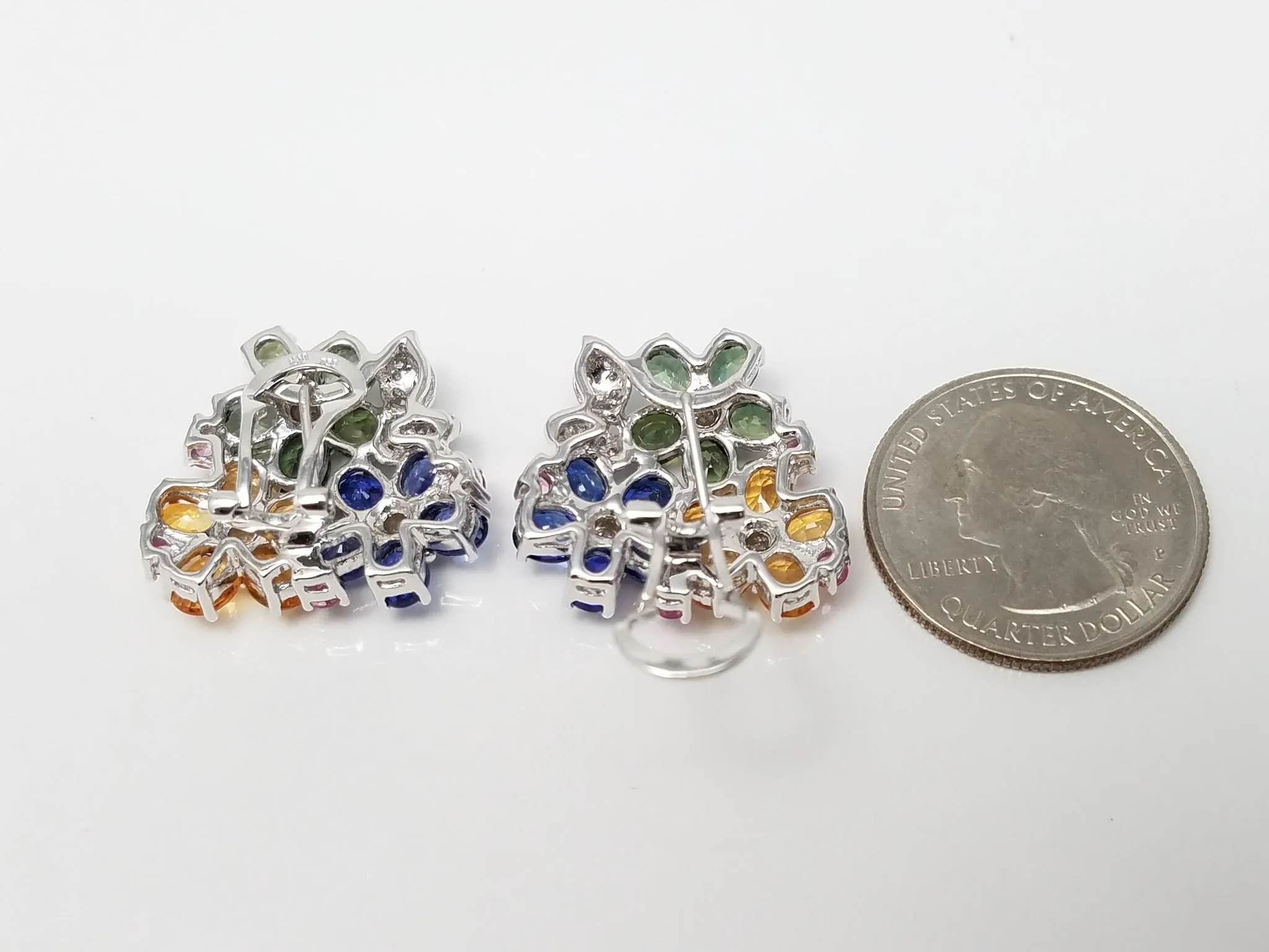 Colorful Natural Sapphire   Diamond 18k White Gold Flower Earrings