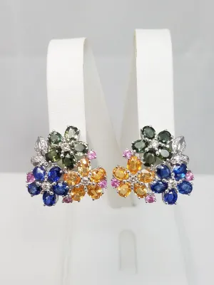 Colorful Natural Sapphire   Diamond 18k White Gold Flower Earrings