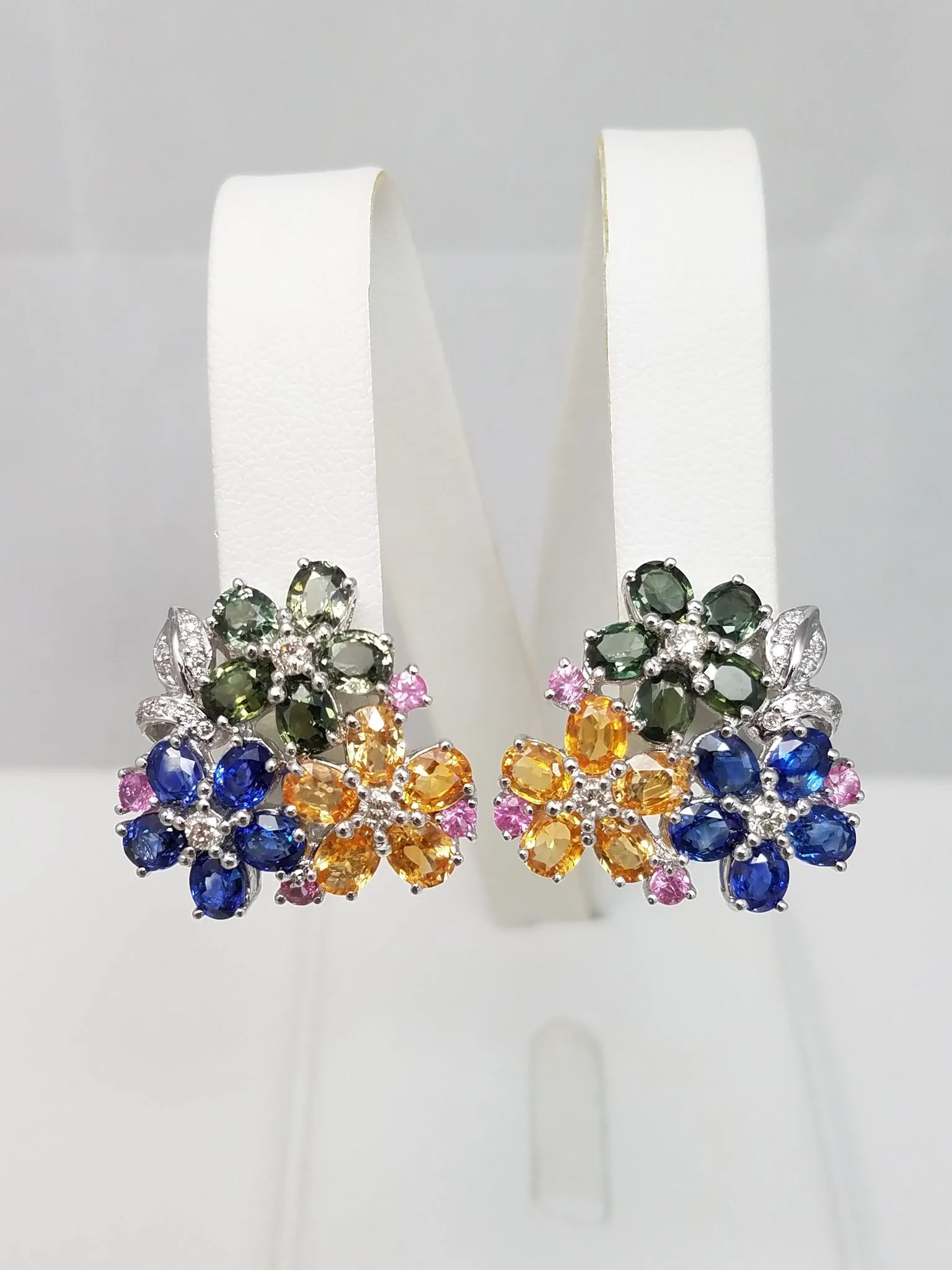 Colorful Natural Sapphire   Diamond 18k White Gold Flower Earrings