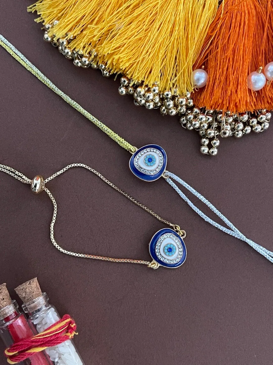 (Combo of 2) Designer Diamond Studded Evil Eye Bracelet And Rakhi Thread For Bhabhi-Bhaiya
