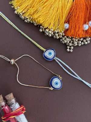 (Combo of 2) Designer Diamond Studded Evil Eye Bracelet And Rakhi Thread For Bhabhi-Bhaiya