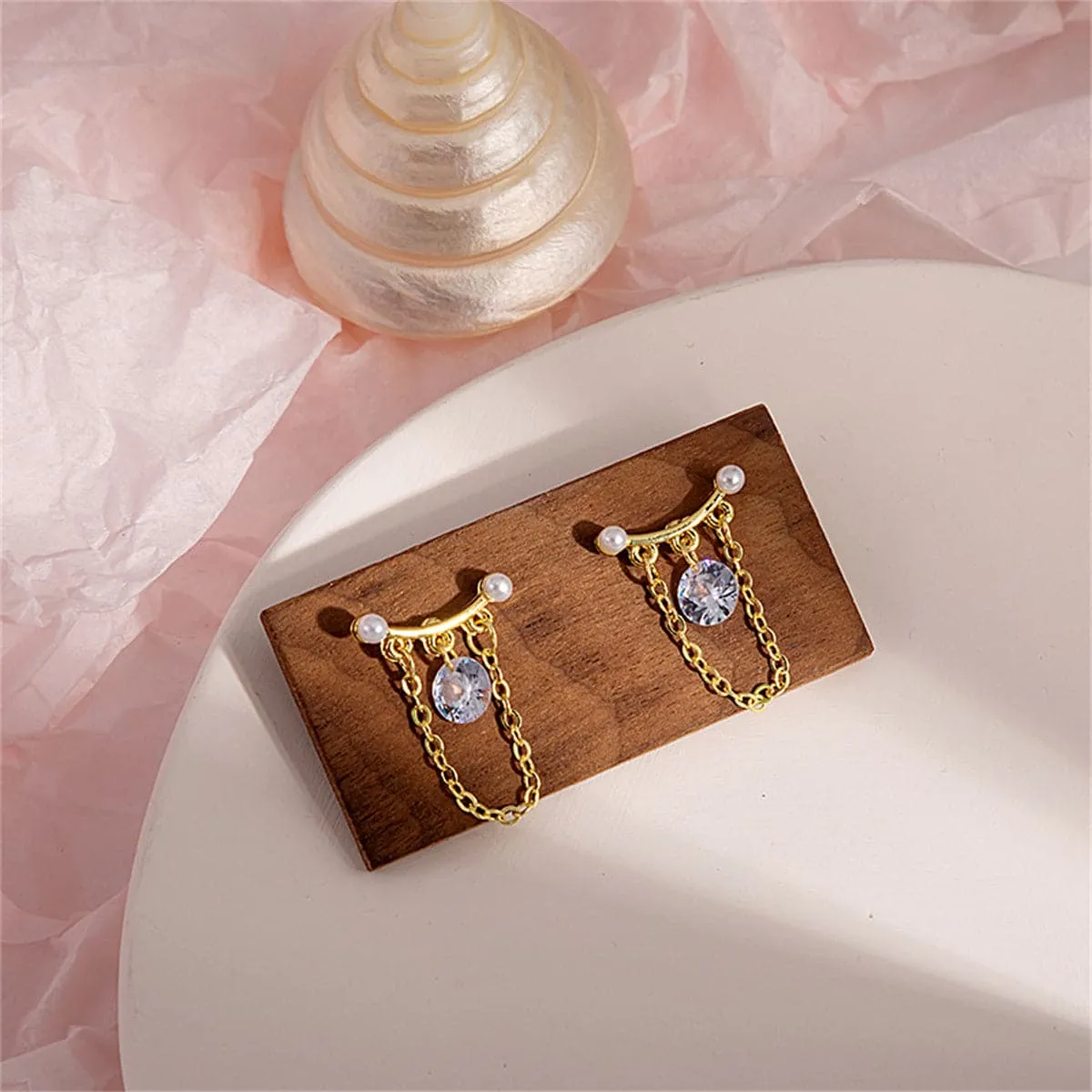 Crystal & Pearl 18K Gold-Plated Chain-Accent Drop Earrings