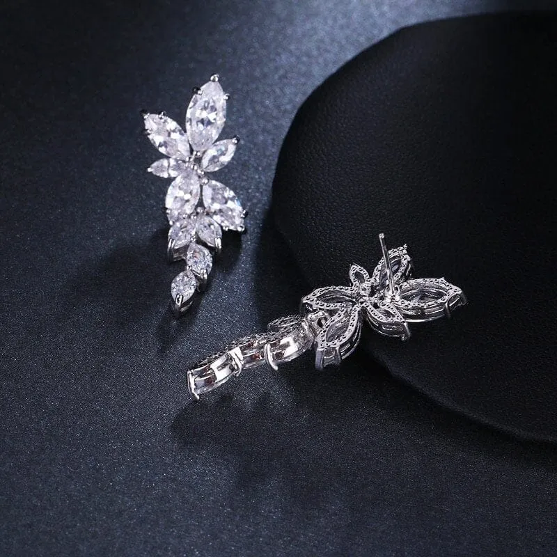 Crystal Leaf Bridal Dangle Earrings, Wedding Floral Gem Stud Earrings, Bridesmaid Fashion 14K Gold Plated Ear Studs or Necklace
