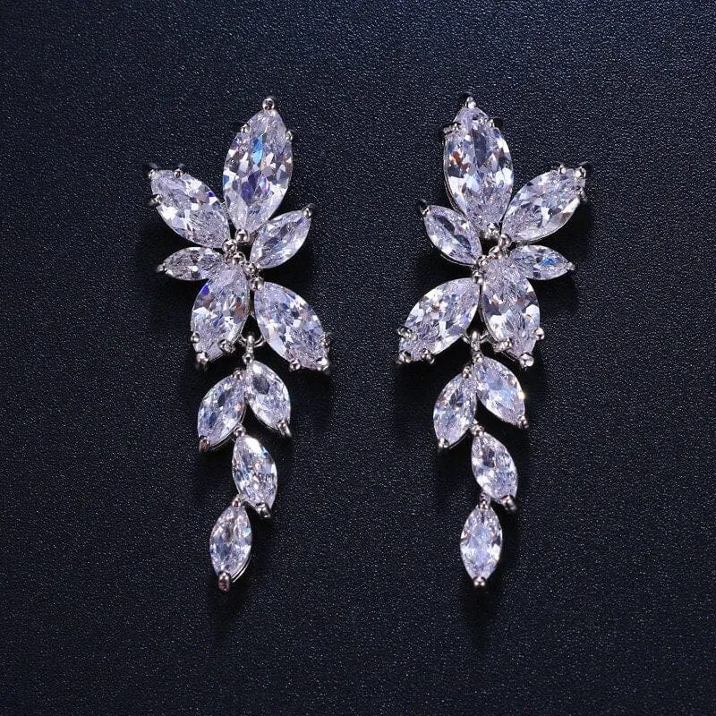 Crystal Leaf Bridal Dangle Earrings, Wedding Floral Gem Stud Earrings, Bridesmaid Fashion 14K Gold Plated Ear Studs or Necklace