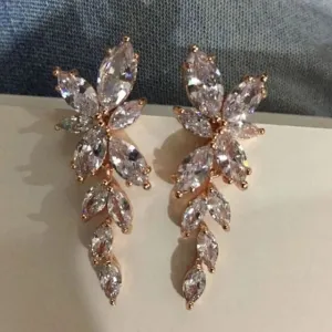 Crystal Leaf Bridal Dangle Earrings, Wedding Floral Gem Stud Earrings, Bridesmaid Fashion 14K Gold Plated Ear Studs or Necklace