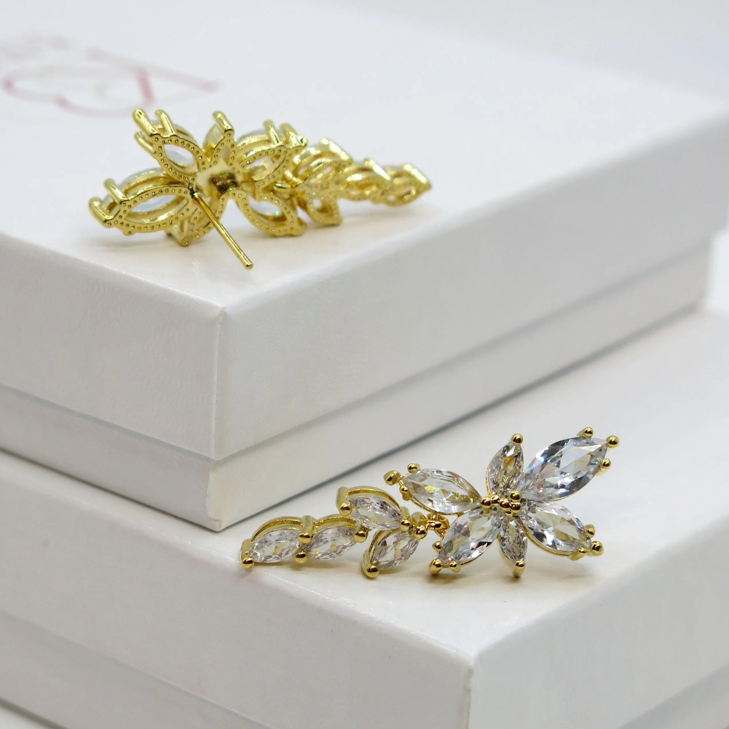 Crystal Leaf Bridal Dangle Earrings, Wedding Floral Gem Stud Earrings, Bridesmaid Fashion 14K Gold Plated Ear Studs or Necklace
