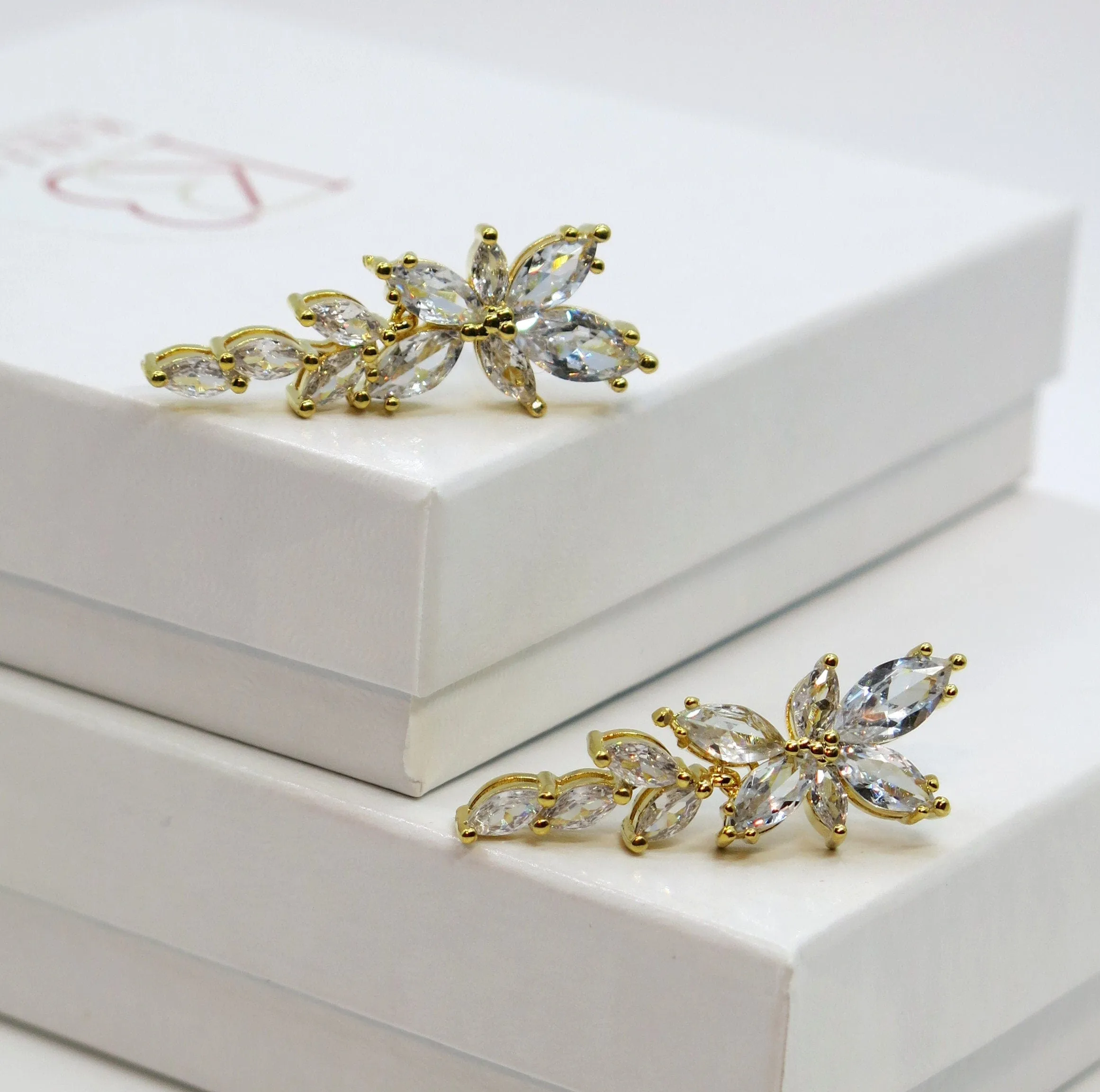 Crystal Leaf Bridal Dangle Earrings, Wedding Floral Gem Stud Earrings, Bridesmaid Fashion 14K Gold Plated Ear Studs or Necklace