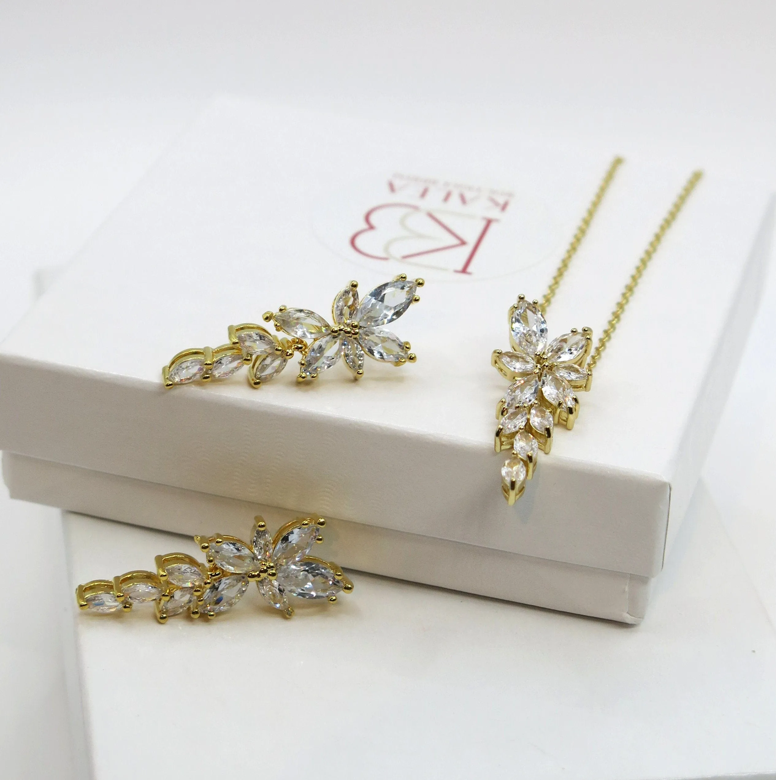 Crystal Leaf Bridal Dangle Earrings, Wedding Floral Gem Stud Earrings, Bridesmaid Fashion 14K Gold Plated Ear Studs or Necklace