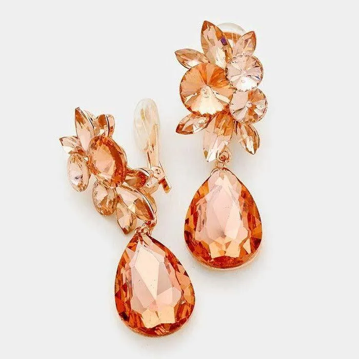 Crystal Peach Teardrop Rose Gold Clip On Earrings