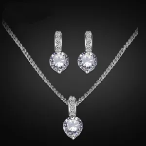 CZ Clear Crystal Bridal Ear Studs, Wedding Solitaire Necklace and Earrings 3 PC Bridesmaid Jewelry Set
