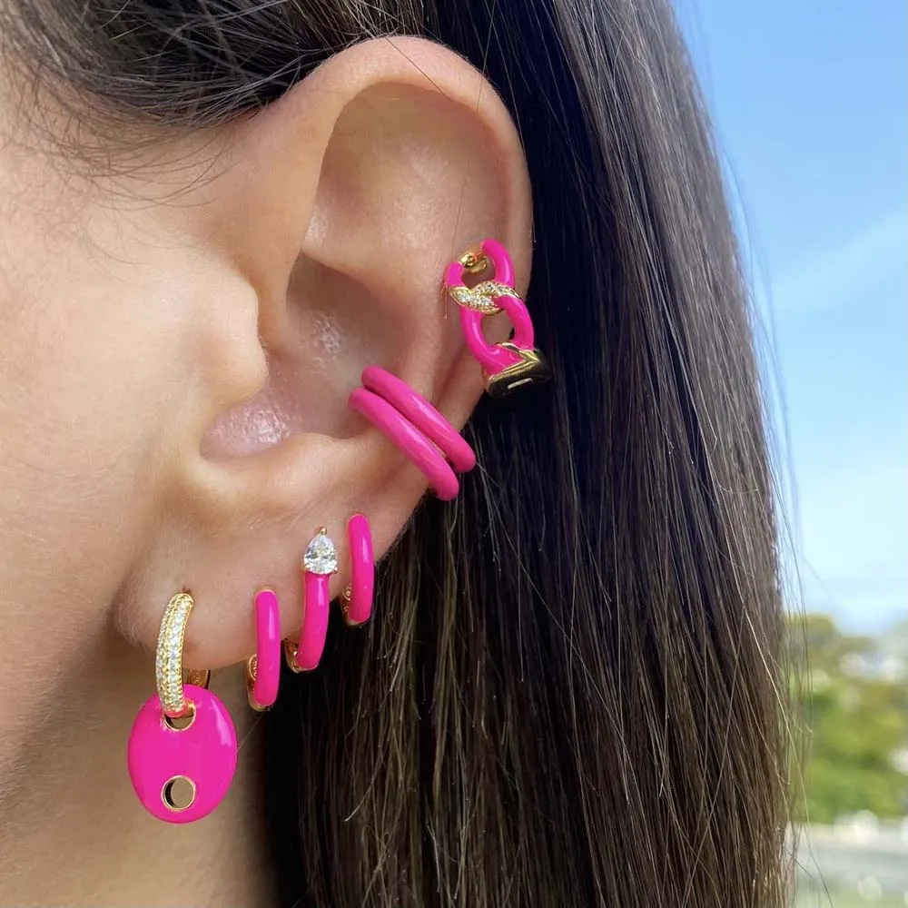 CZ Enamel Link Hoop Earring