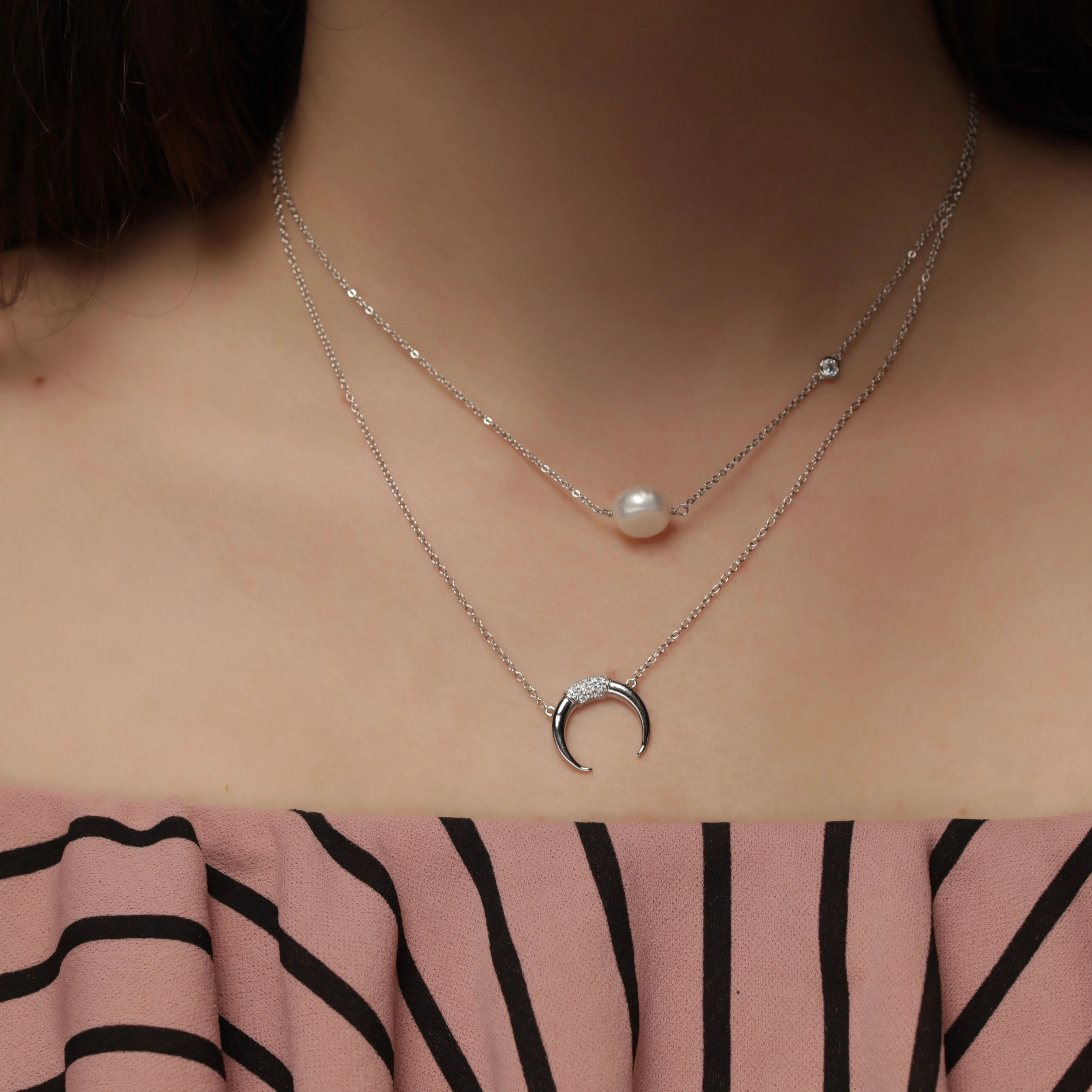 CZ Horn Necklace - Gold or Silver