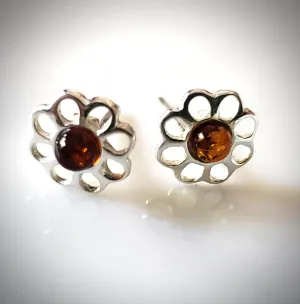 Daisy Sterling Silver Stud Earrings with Amber