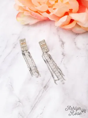 DANCE WITH ME SILVER CRYSTAL RECTANGLE WHITE BEADED FRINGE EARRINGS