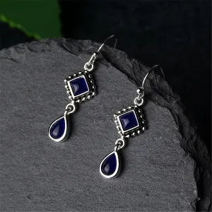 Dark Blue Crystal & Silver-Plated Princess Drop Earrings