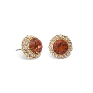 DARK CITRINE ROUND CRYSTAL RHINESTONE GOLD POST EARRINGS #HNE87183GDLTSM (NC7)