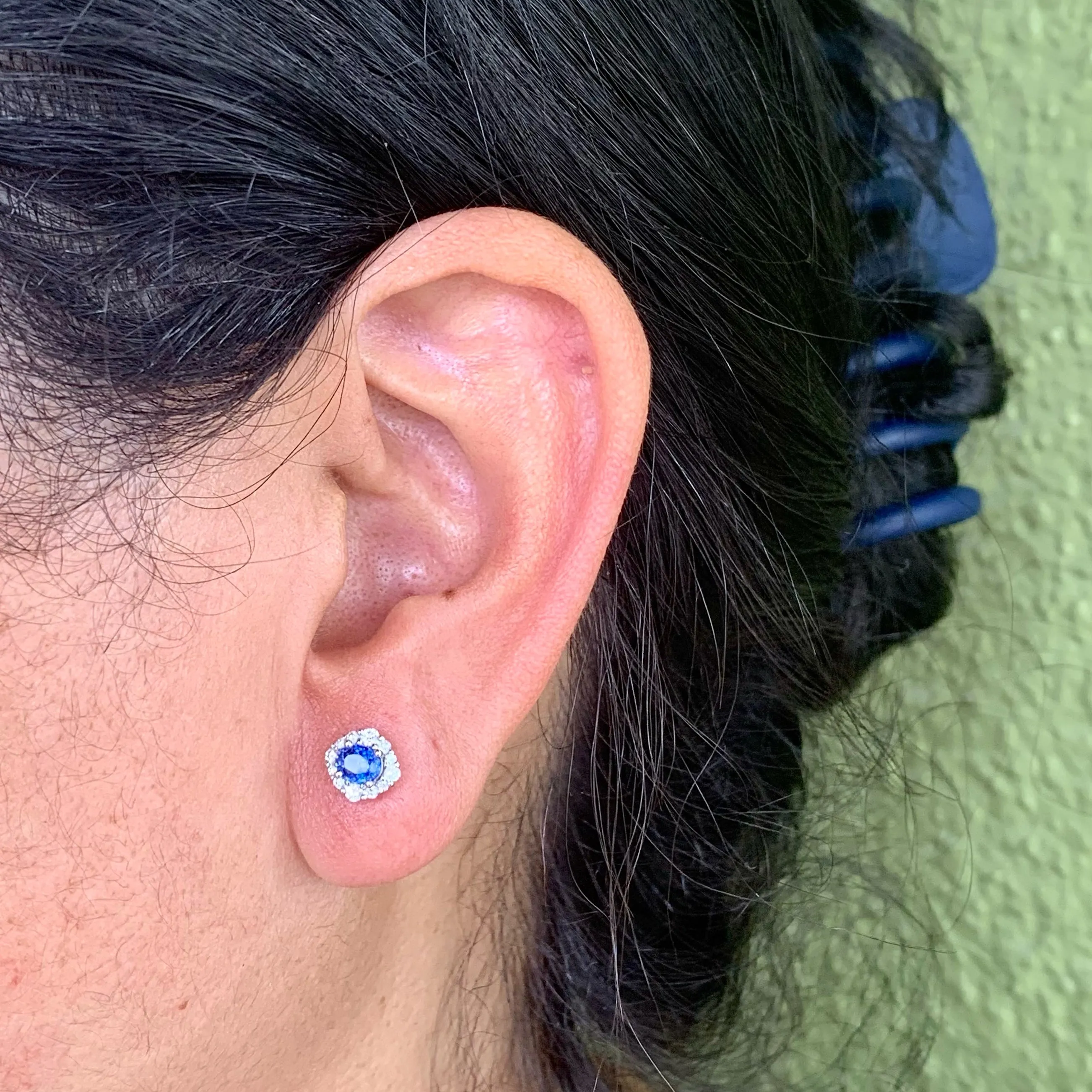Deep Blue Sapphires in a Halo of Diamonds and Winter White Gold