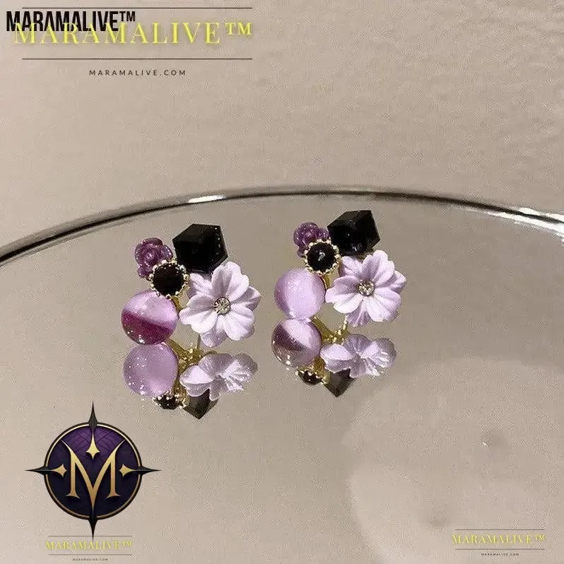 Diamond Cat''s Eye Crystal Flower Earrings