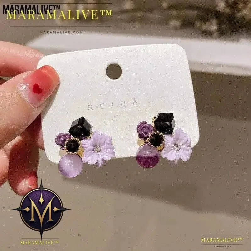 Diamond Cat''s Eye Crystal Flower Earrings