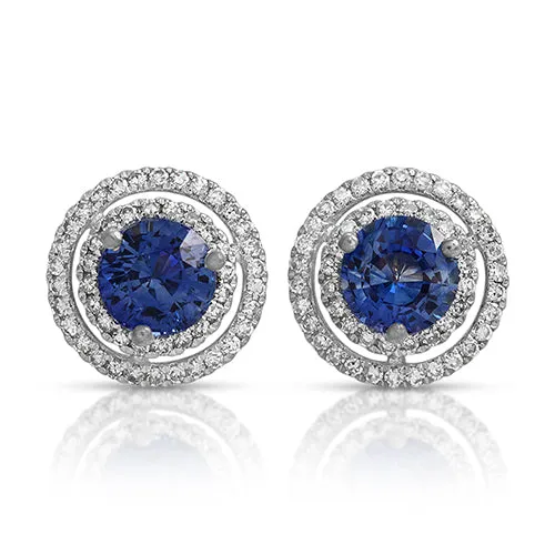 Double Halo Sapphire and Diamond Stud Earrings 14k White Gold
