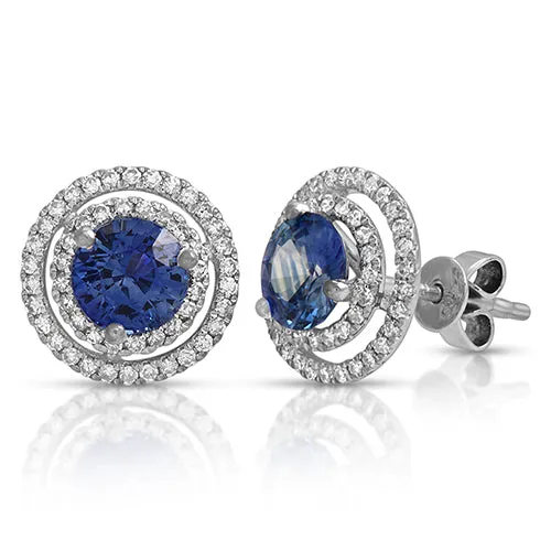 Double Halo Sapphire and Diamond Stud Earrings 14k White Gold