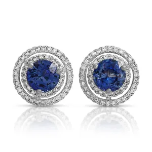 Double Halo Sapphire and Diamond Stud Earrings 14k White Gold