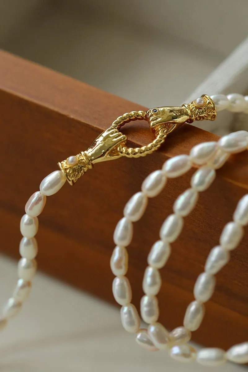Double-Handed Ring Clasp Pearl Beaded Necklace