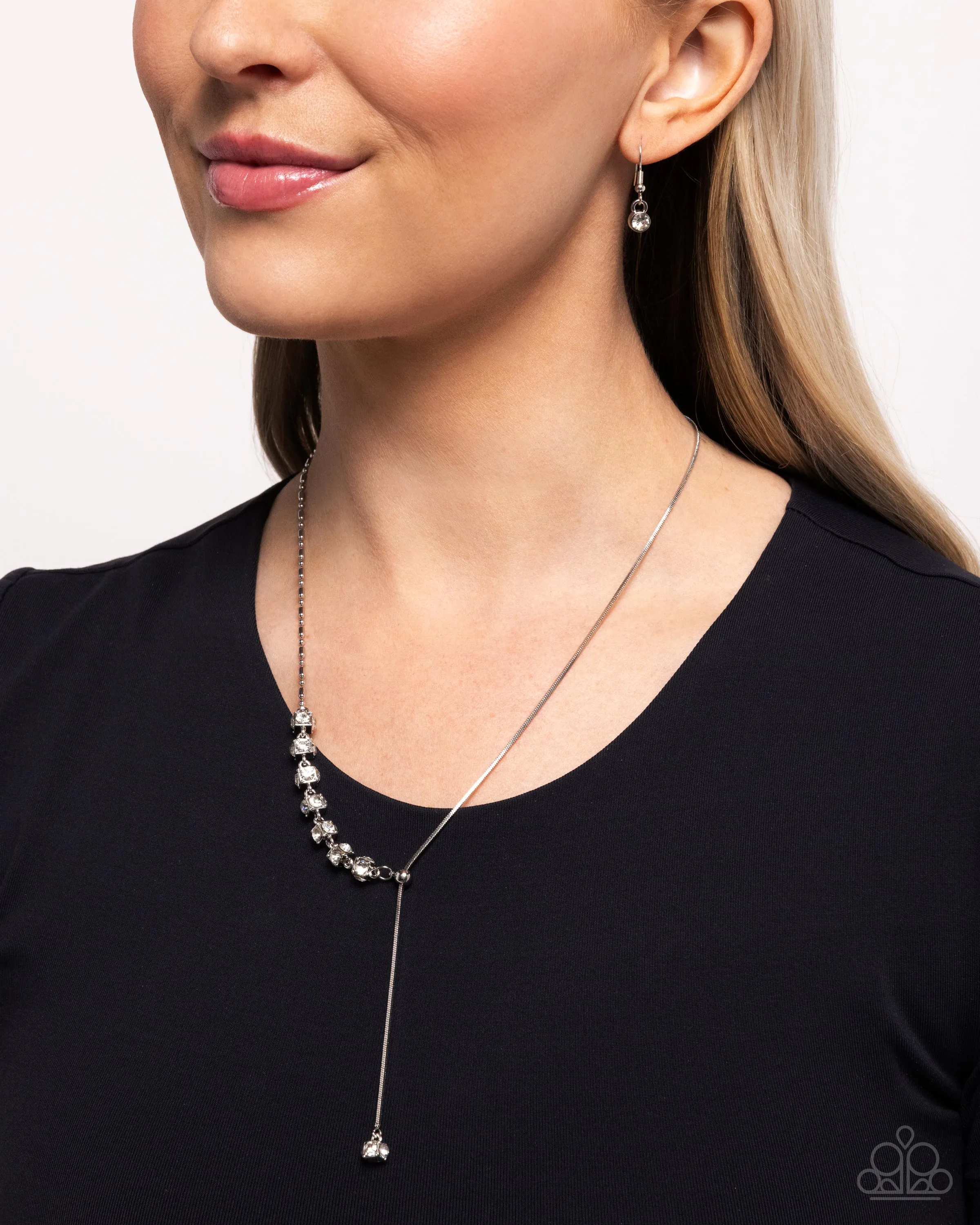 Drops of Dazzle - White - Rhinestone Silver Cube Bead Slider Paparazzi Short Necklace
