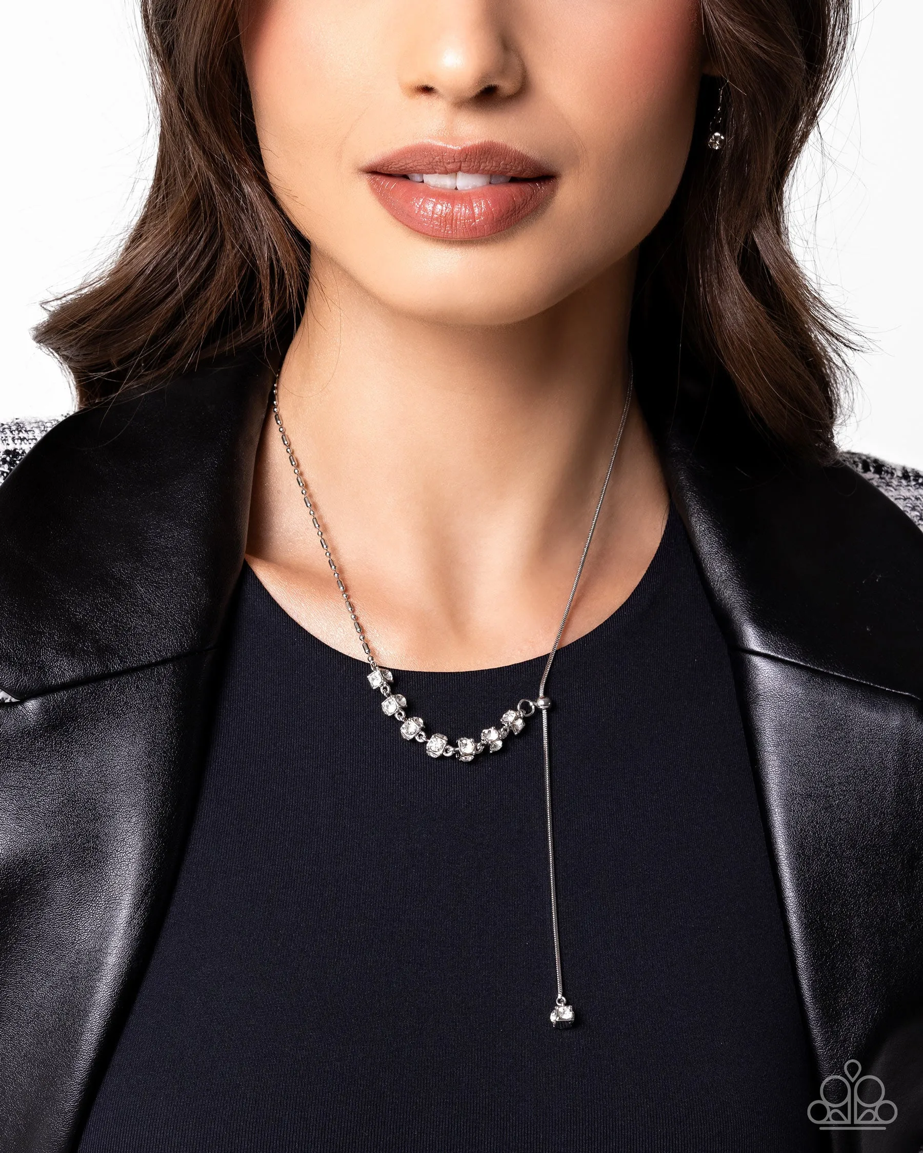 Drops of Dazzle - White - Rhinestone Silver Cube Bead Slider Paparazzi Short Necklace
