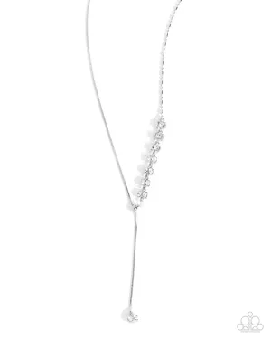 Drops of Dazzle - White - Rhinestone Silver Cube Bead Slider Paparazzi Short Necklace